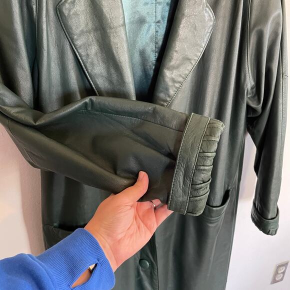 VTG Green 100% Leather Trench Coat Jacqueline Ferrar Forest Green SZ LARGE EUC - Picture 7 of 12